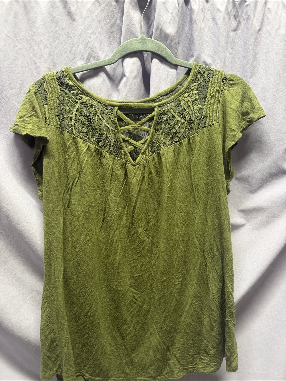 No Boundaries Olive Lace Yoke Crisscross Short Sleeve Top